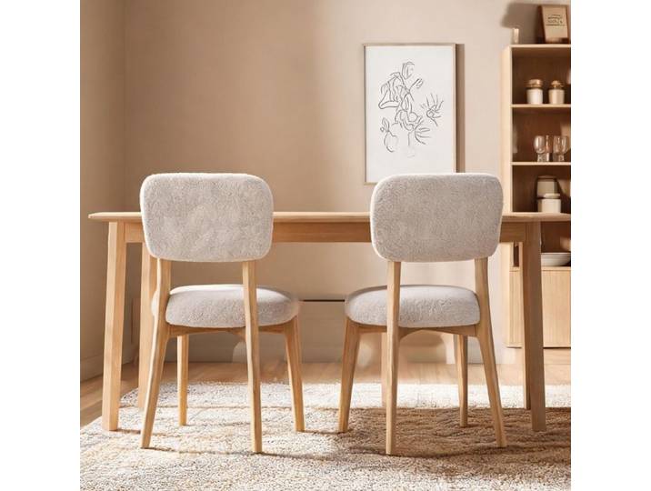Pieds bois d'hévéa Dining Chairs and Benches combining 5 cm assise ronde 46 and Crème Tissu Effet Laine Bouclée