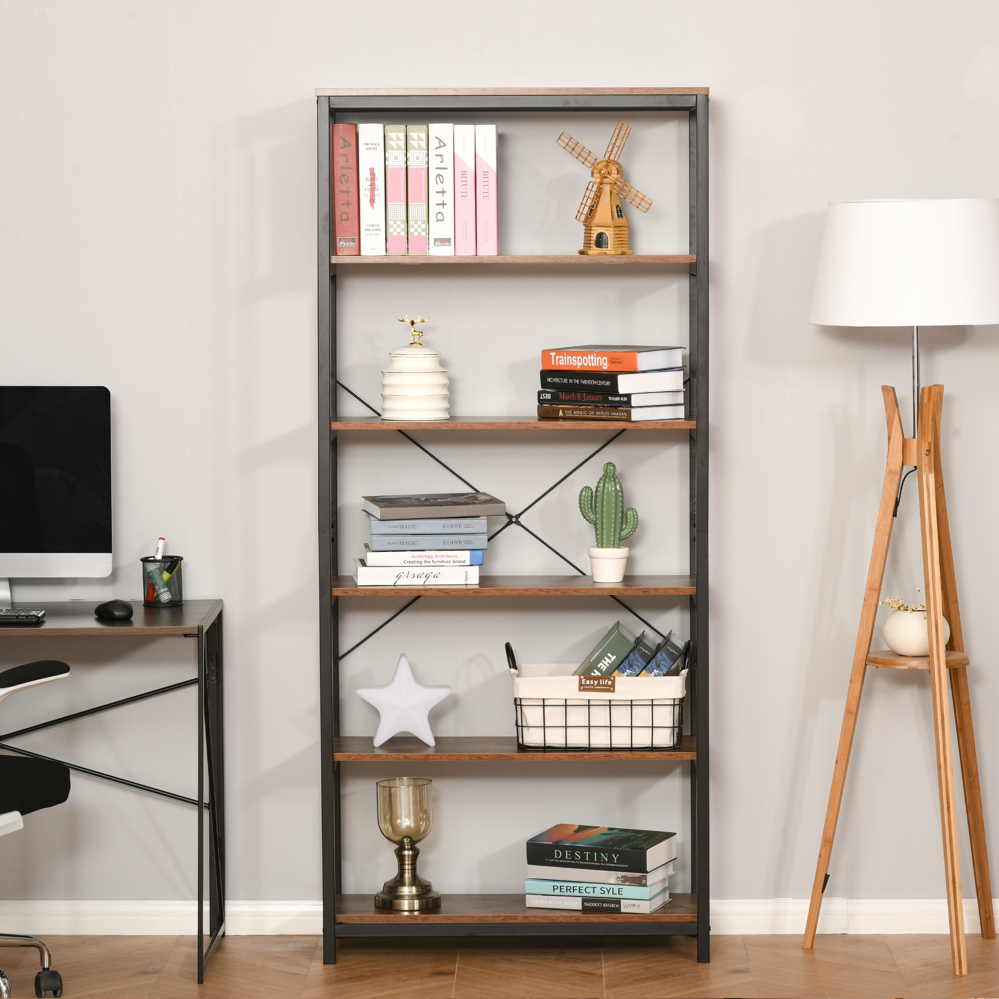 Homcom Libreria Salvaspazio Verticale con 6 Mensole, Scaffale in Stile Industriale Vintage,in Legno e Metallo, 80x30x180cm, Nero Aosom Italy