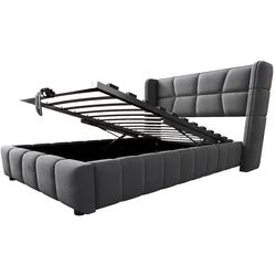 MODFU Polsterbett Stoff Grau 90x200 cm mit Stauraum, Hebemechanismus und gepolstertem Kopfteil
