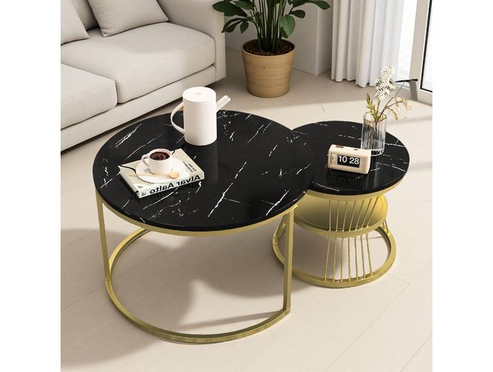 Anajqaqia Table basse ronde 2 en 1, ensemble de 2 tables d'appoint avec structure en métal et aspect marbre, table de canapé pour salon, chambre à coucher