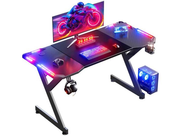 HLONONE Bureau Gaming LED 140 × 60 cm Bureau Gamer Ergonomique avec Porte-gobelet et Crochet pour Casque Fibre de Carbone Noir