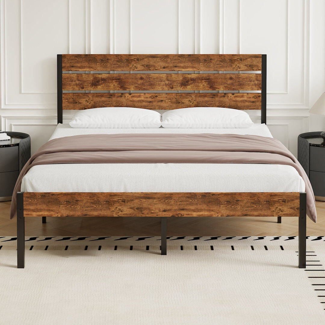 Rio Single Double Size Platform Bed Frame with Rustic Vintage Wood Headboard, Mattress Foundation, Bed Frame with Strong Steel Slats Support, No Box Sprin Retro Brown European Double (140 x 200 cm)