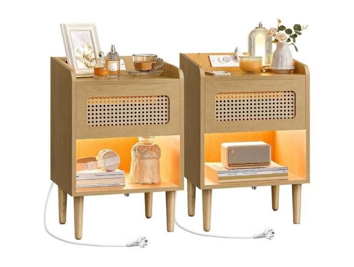 Lot De 2 Tables De Chevet Effet Rotin LED Détecteur De Mouvement Multiprise 2 Tiroirs Pieds Bois Massif Style Bohème