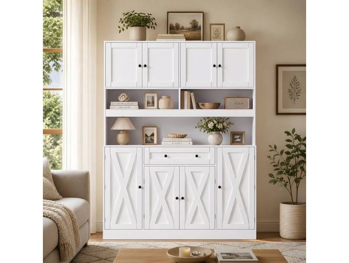 Buffet haut blanc en MDF - BLACKCOLOR - Style campagne - 140x40x185 cm - Étagères réglables - Tiroir