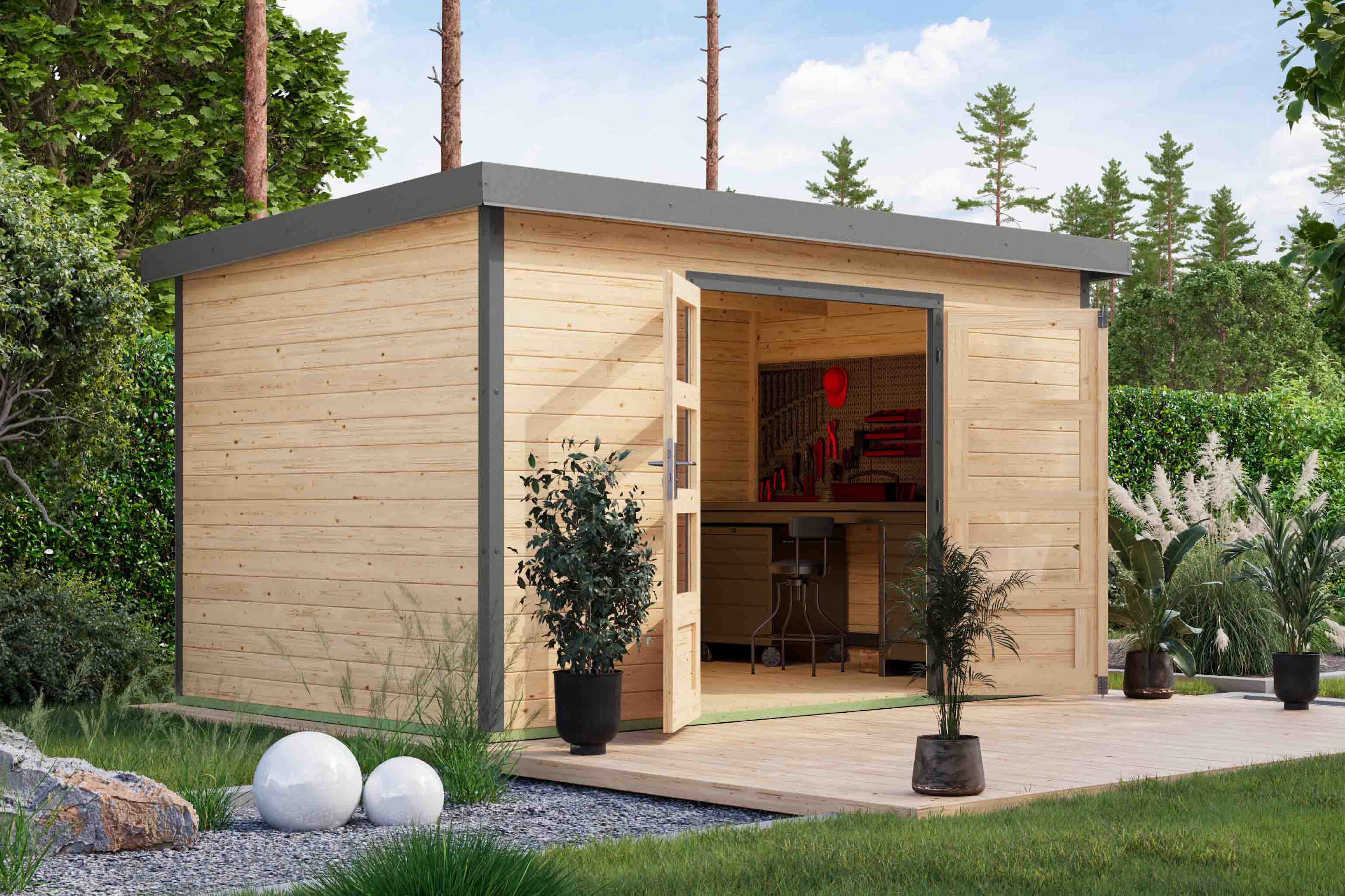 Gartenhaus KARIBU "Plutino 7, in verschiedenen Farben", braun (naturbelassen, graualuminium), ohne Fußboden, Blechdach, Massivholz, Gartenhäuser, Gartenhaus