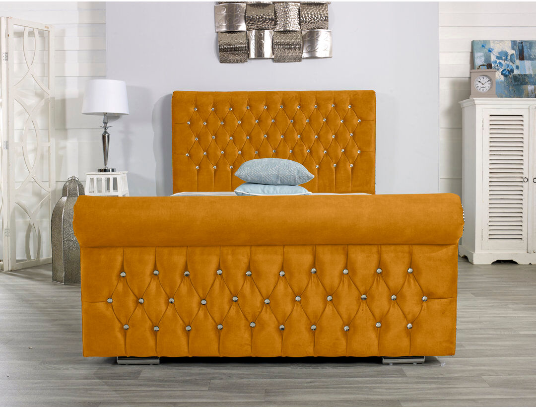 Wayfair Sleep Herveline Upholstered Bed Frame Mustard Double (4'6)