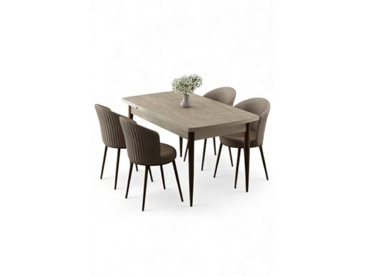 Hanah Home Extendable Dining Table & Chairs Set (5 Pieces), Travertine & Cappuccino, 130-174 cm 100% MDF, Metal Legs, Modern Scandinavian Design