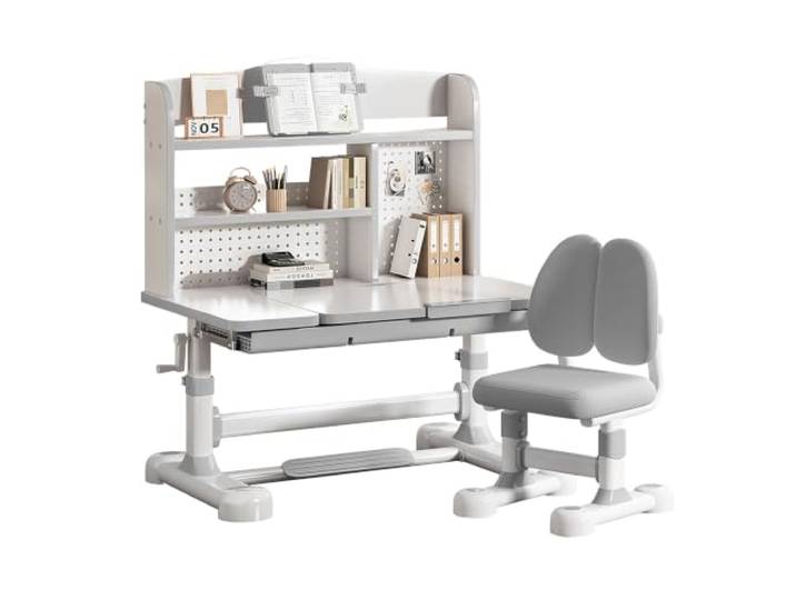 Fairnull Kinder Schreibtisch & Stuhl Set höhenverstellbar, ergonomisch ab 3 Eisen + Platte 300 lbs Handkurbel 21cm + Stuhl 7cm Tischplatte 50° neigbar Schublade