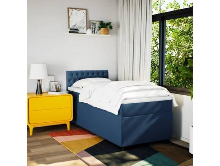 KTHLBRH Boxspringbett 90 x 200 cm mit Kopfteil blau Taschenfederkernmatratze, inklusive Matratzenschoner, Rückenstütze, stabile Füße