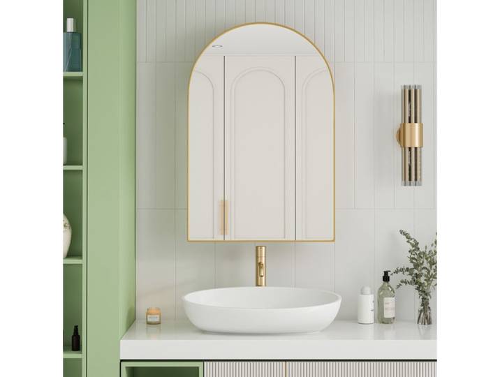 WUVRIE Armoire à pharmacie miroir arquée 91x61x12 cm métal doré murale ou encastrable 2 étagères verre