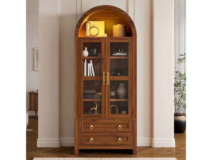Vitrine en Verre Arquée 180cm Vitrine pour Collection Armoire Haute avec LED 2 Portes et 2 Tiroirs Meuble de Rangement Noyer