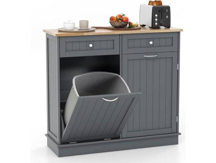 GOPLUS Buffet de Cuisine 100x35x90CM-1 Poubelle(sans Seau)+1 Placard+2 Tiroir+1 Plateau en Bois Massif Gris