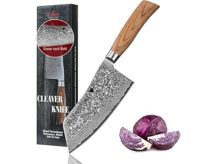 Wakoli EDIB Pro Damast Chinesisches Kochmesser Chai Dao mit Gravur – Personalisiertes Messer, 17 cm Klinge aus 67 Lagen Damaststahl (VG10-Kern), ergonomischer Pakkaholzgriff – in Geschenkbox