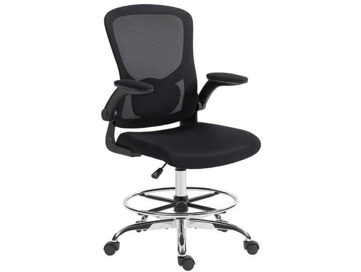 Homcom Bürostuhl mit Hochklappbar Armlehne Verstellbarer Fußring und 4D-Lendenstütze, Schwarz, Kunststoff, 60x132x60 cm, Büromöbel, Bürostühle, Drehstühle