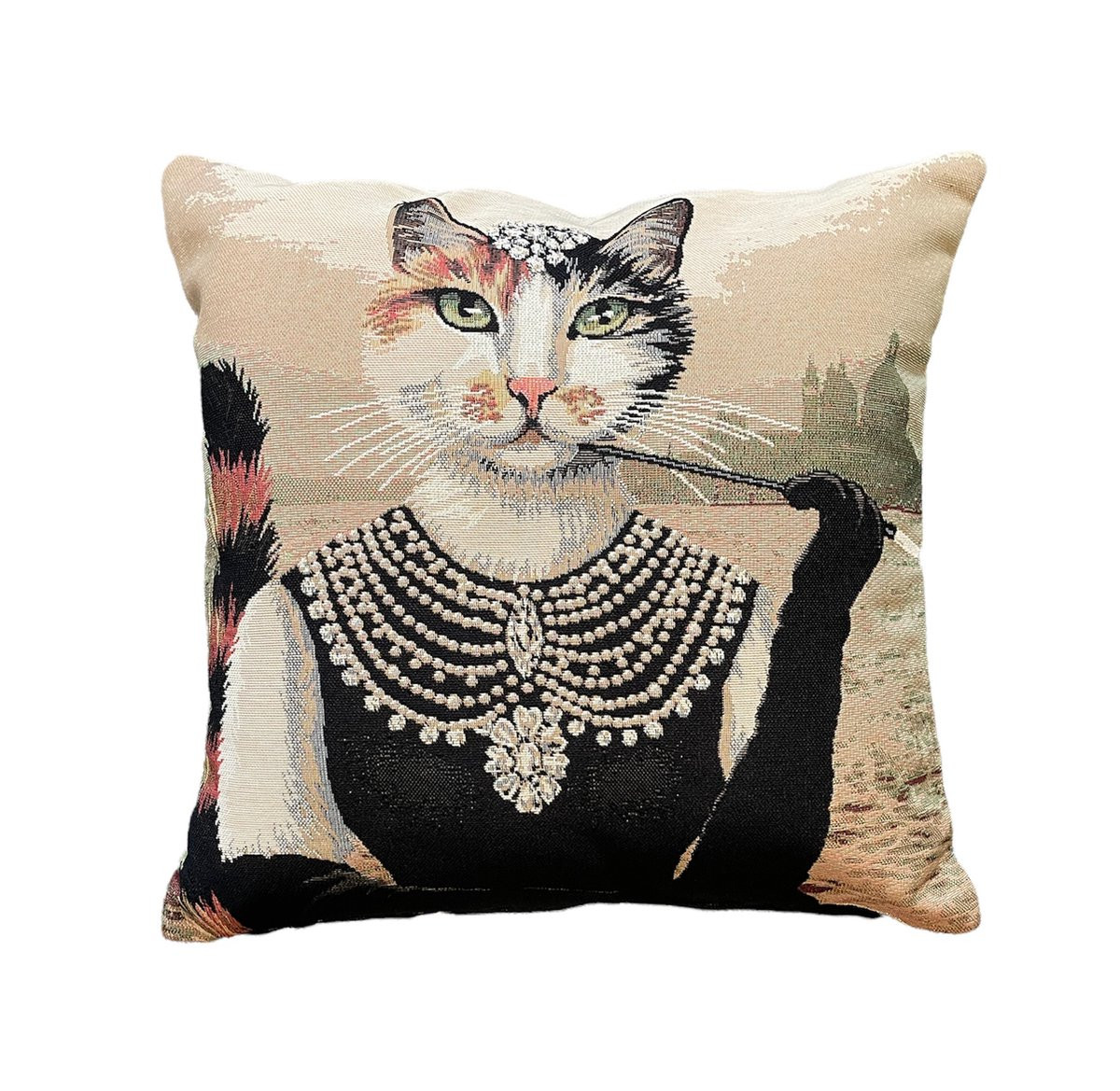 Kussenhoes Gobelinstof met rokende kat met sieraden Denise 45 x 45 cm