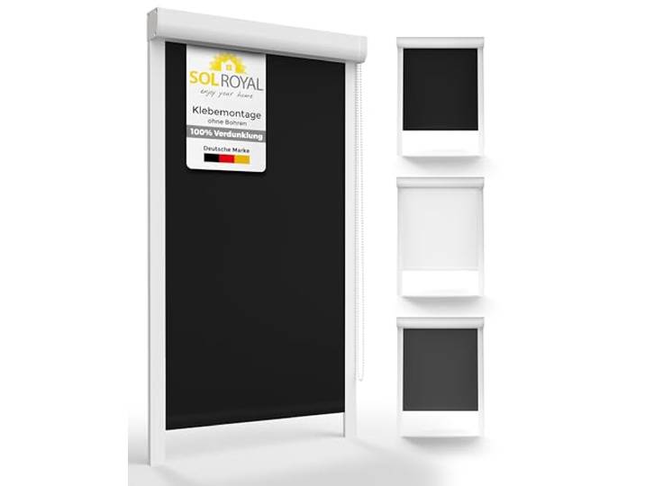 Sol Royal Kassettenrollo mit Führungsschiene Blackout Thermorollo Bohren 100x175cm Schwarz seitliche Führungsschienen Verdunkelungsrollo 100cm breit Befestigung Verdunklungsrollo SolReflect K24