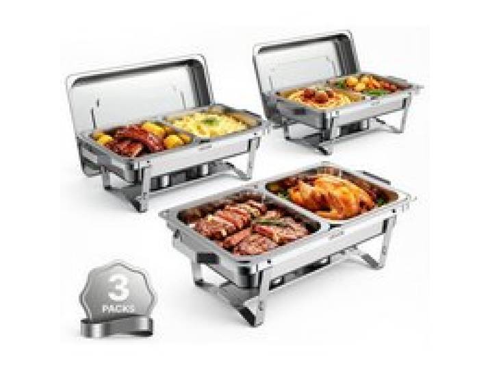 VEVOR Chauffe Plat 3PCs 8,5 L Buffet Chauffant Inox 6 Bacs Interchangeables, pour Buffet Libre Service Hôtel Mariage Restauration Traiteur CHR, Réchaud Rectangulaire, Chafing Dish avec Kit Complet
