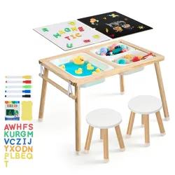 VEVOR Sensorischer Tisch, 7-in-1 Aktivitätstisch mit 2 Hockern, Doppelseitiger Spielfläche, Aufbewahrungsboxen & Rutschfesten Füßen, Spiel-Sand- & Wassertisch, für Kinder im Alter von 3-6 Jahren