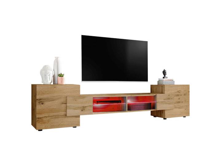 Komodee Lowboard Merano Eiche Wotan, LED Beleuchtung Mehrfarbige, Eiche Wotan, Eiche Wotan, Eiche Wotan, 4 Fächer, Rechteckig, 230x52.5x35 cm, Wohnzimmer, TV Möbel, Lowboards, Lowboards stehend