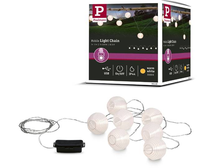 PAULMANN Lichterkette Outdoor Mobile Lampionkette IP44 3000K 7x1lm 5V ladbar mit USB , weiß, Gesamtlänge 3,6m, Lichterketten, Outdoor Mobile Lampionkette IP44 3000K 7x1lm 5V ladbar mit USB, Lichterkette