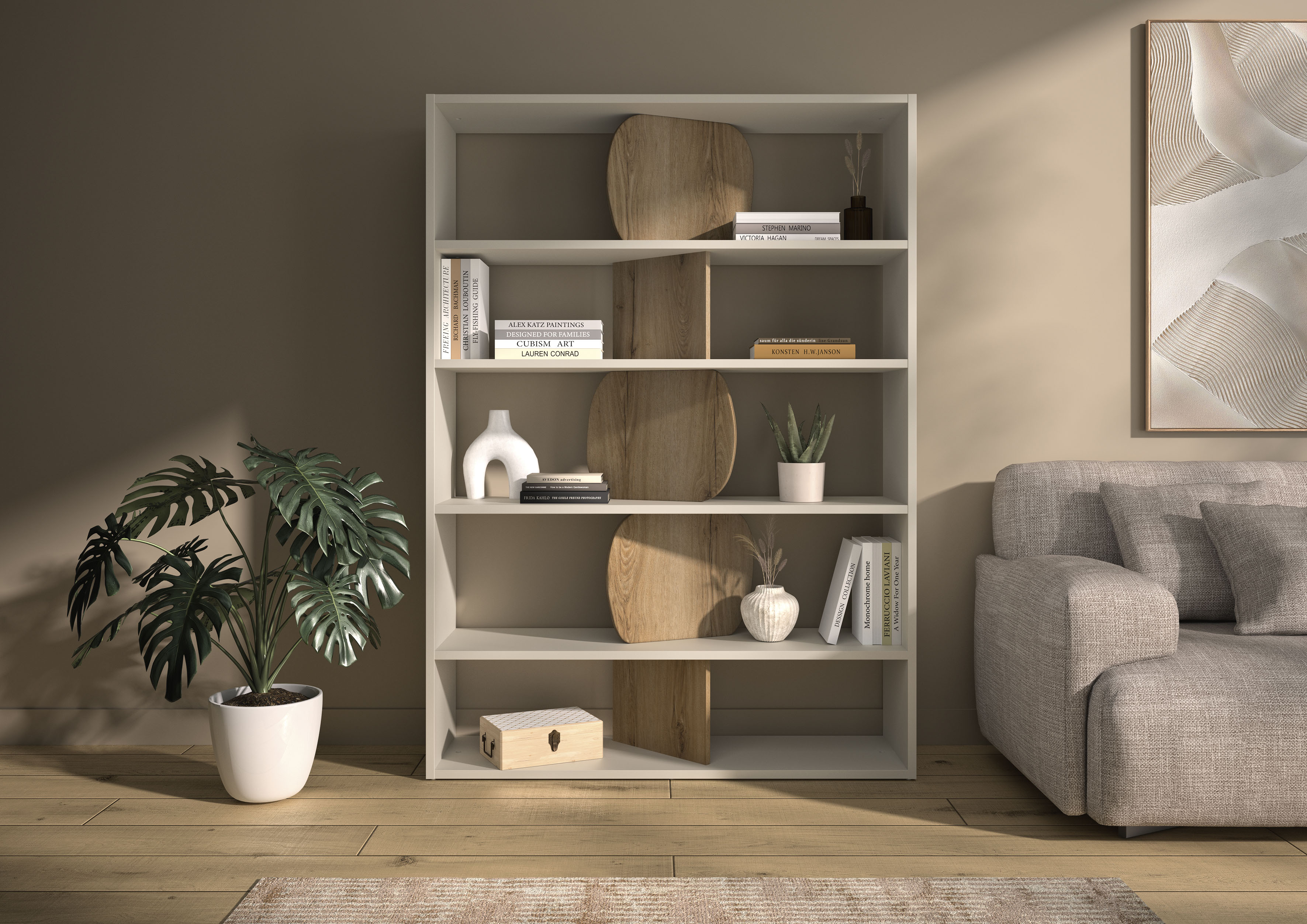 Raumteilerregal GAMI "CAIRN", weiß (grege cachemire, eiche helvezia nachbildung), B:125cm H:175cm T:36cm, Holzwerkstoff, Regale, Raumteilerregal, Praktische Bibliothek oder Raumtrennung