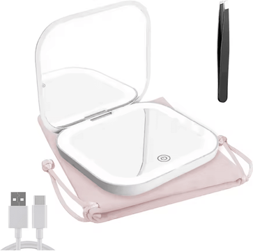 Inspire Essentials GlowEase Compact Folding Makeup Mirror white tweezer bag