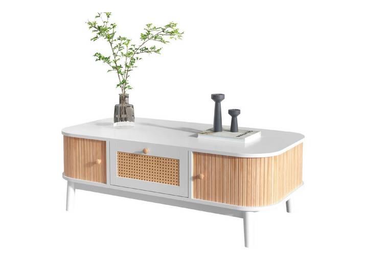 EXTSUD Couchtisch Rattan-Couchtisch mit Massivholzbeinen und Stauraum – Landhausstil, mit Massivholzlatten, Massivholzbeine, Natürlicher Landhausstil