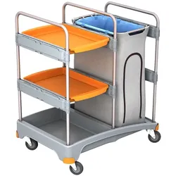 CleanSV Reinigungswagen Abfallwagen mit Ablage aus PE, 3 Ablagen, Müllsackhalter mit Verkleidung, 57,5 cm x 64cm x 112 cm