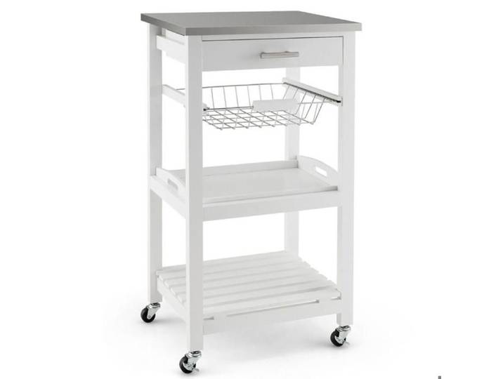 47x39x85cm Desserte de Cuisine à Roulettes Meuble de Rangement Plateau Inox et Tiroir pour Cuisine et Salle à Manger Blanc
