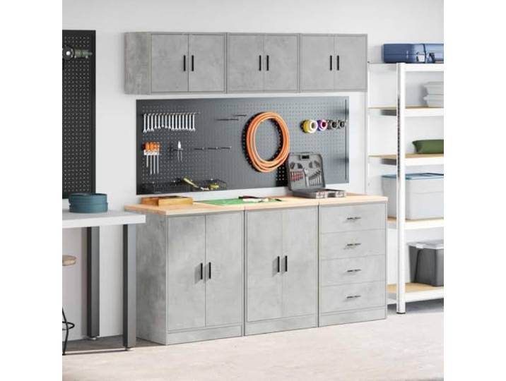 KGTKGTYER Garagenschränke 6er Set, Werkstattregal Holzwerkstoff Betongrau Massive Kiefernholz-Arbeitsplatte, Flexibel einbaubare Türen, Viel Stauraum