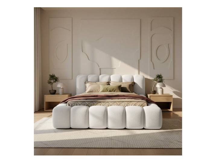 thematys Polsterbett mit Bettkasten, CLOUD 140x200 160x200 180x200 200x200cm (Kopfteil im Oversize-Look und Stauraum – weich, modern und pflegeleicht), hochwertiger Bouclé-Stoff in Kreme und Latte, Inklusive Lattenrost: Holzrahmen,hochwertiger Stoff), hochwertiger Bouclé-Stoff in Kreme und Latte
