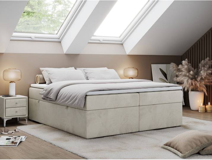 Boxspringbett ohne Kopfteil mit Bettkasten, niedriges Kopfteil, Polsterbett ohne Kopfteil - BESS - 120x200 - Beige - H4