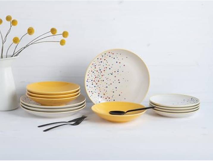 CreaTable\, 24236 Série Joy Dots Yellow Service de table 12 pièces pour 4 personnes\, assiettes en grès\, passe au lave-vaisselle et au micro-ondes\, production de qualité