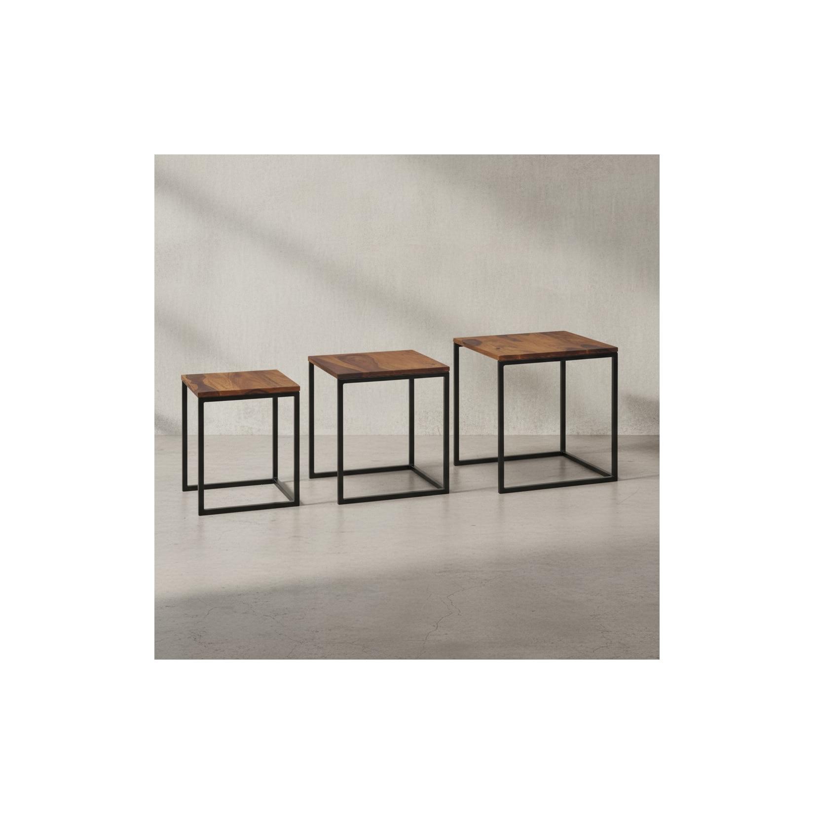 KADIMA DESIGN Beistelltisch-Set aus Sheesham Massivholz und Metall, 3 Größen, Stilvolles Trio