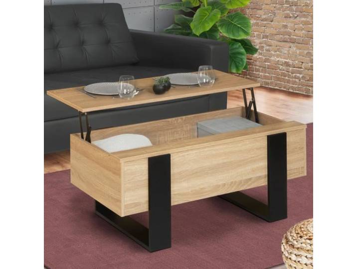 IDMARKET Table basse plateau relevable rectangulaire PHOENIX bois et noir