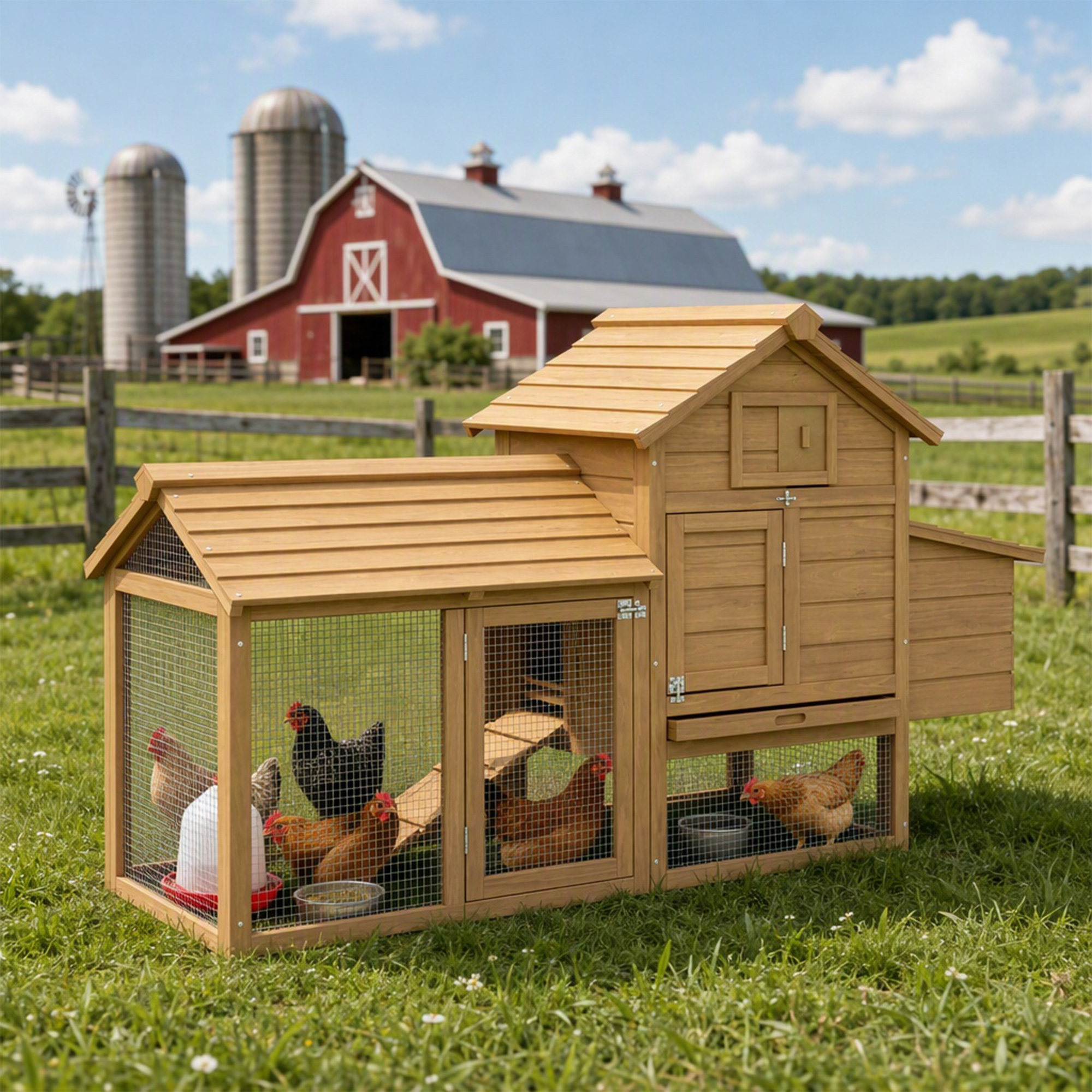 Pawhut Pollaio per Galline da giardino in Legno con Vassoio Estraibile,Nido,Recinzione e Tetto apribile 150.5 x 54 x 87cm  Aosom