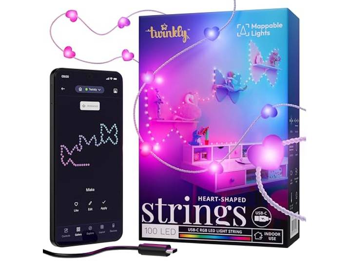 Twinkly Strings USB-C Heart 100 LED\, Guirlande Lumineuse en Forme de Coeur\, Fil LED Multicolore RGB\, Lumières Saint-Valentin\, Compatible avec Alexa\, Google Home\, USB C\, Fil Transparent\, 6m