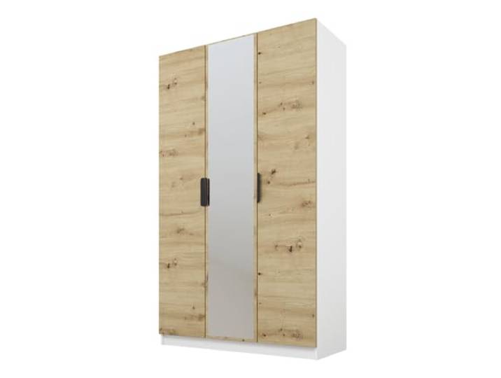 PAWS MEBLE Cynthia Kleiderschrank 120 cm – Moderner 2-Türiger Schrank in Holzoptik mit Kleiderstange & Regalfächern – 1 Spiegel