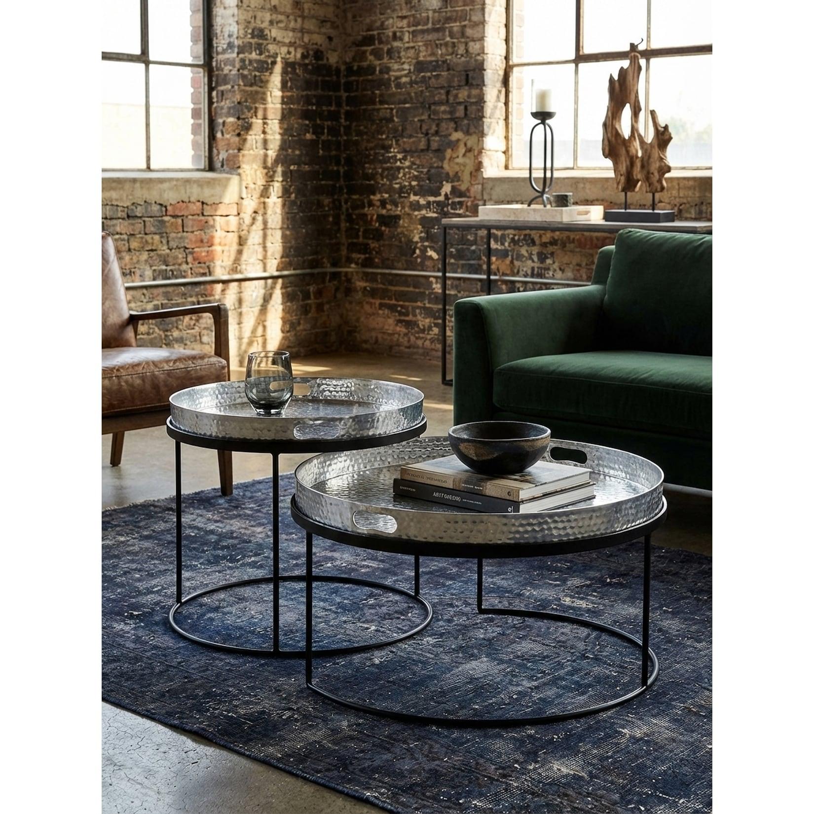 Couchtisch 2er Set Metall Rund Hammerschlag Abnehmbares Tablett, Silbern 56x56x33 cm