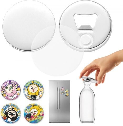VEVOR Button Machine Accessoires 50-delige set met 75 mm knoopjes, flesopener met magnetische achterkant, metalen behuizing, transparante Mylar-vellen en blanco papier