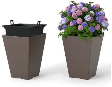 Costway Set of 2 Square Taper Planter with Removable Inner Bucket and Optional Drainage Hole-S