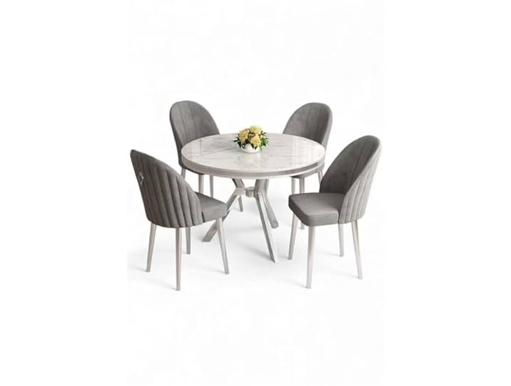 Hanah Home Modern 5-Piece Dining Table & Chairs Set, White Marble & Chrome, 90x90 cm 100% Lacquer Panel, Metal Legs, Stylish Grey Fabric Perfect for Contemporary Dining Spaces