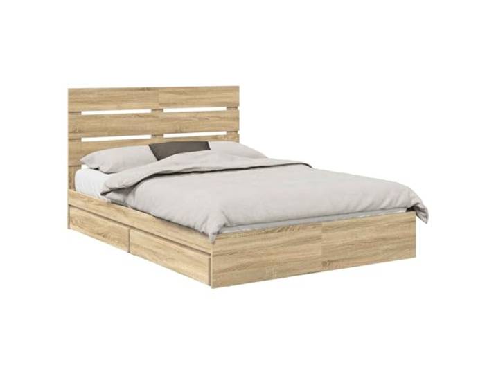 HMDNGOUT Aufbewahrungsbett Sonoma-Eiche 140 x 200 cm aus Holzwerkstoff mit Stauraum-Schubladen und schlankem Kopfteil