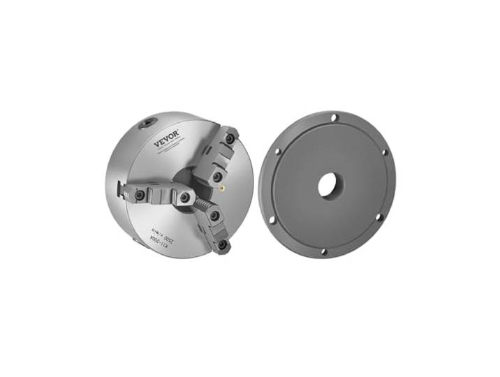 VEVOR Mandrin de Tour à 3 Mâchoires\, 200 mm\, Mandrin Auto-centrage avec Plaque Support Adaptateur Filetée\, Plage de Serrage 4-200 mm\, en Fonte HT300\, avec Vis Clé en T\, pour Tours à Bois et Métal