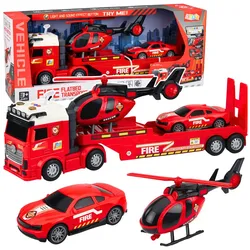 Feuerwehr-Rettungsset mit Abschleppwagen, Auto, Hubschrauber, Lichtern und Sound