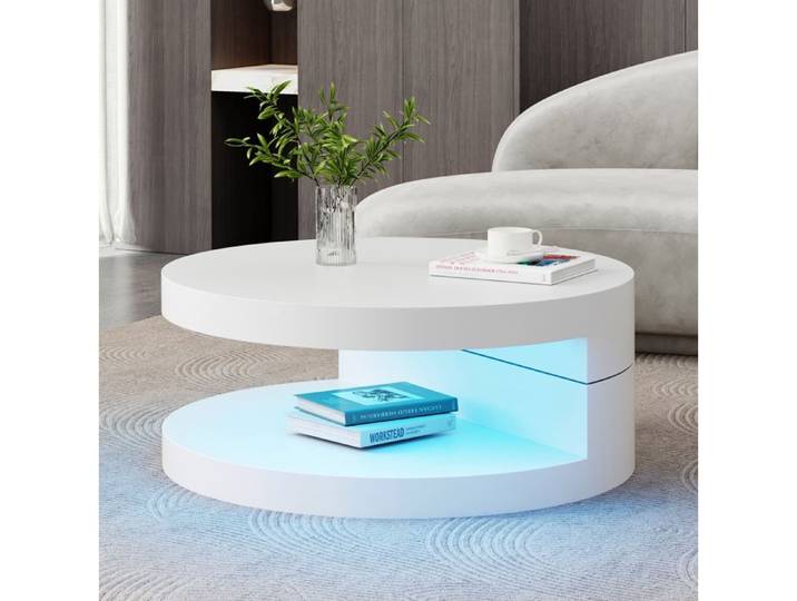 Table basse cylindrique pivotante 70 x 70 x 35 5 cm LED 2 niveaux MDF blanche