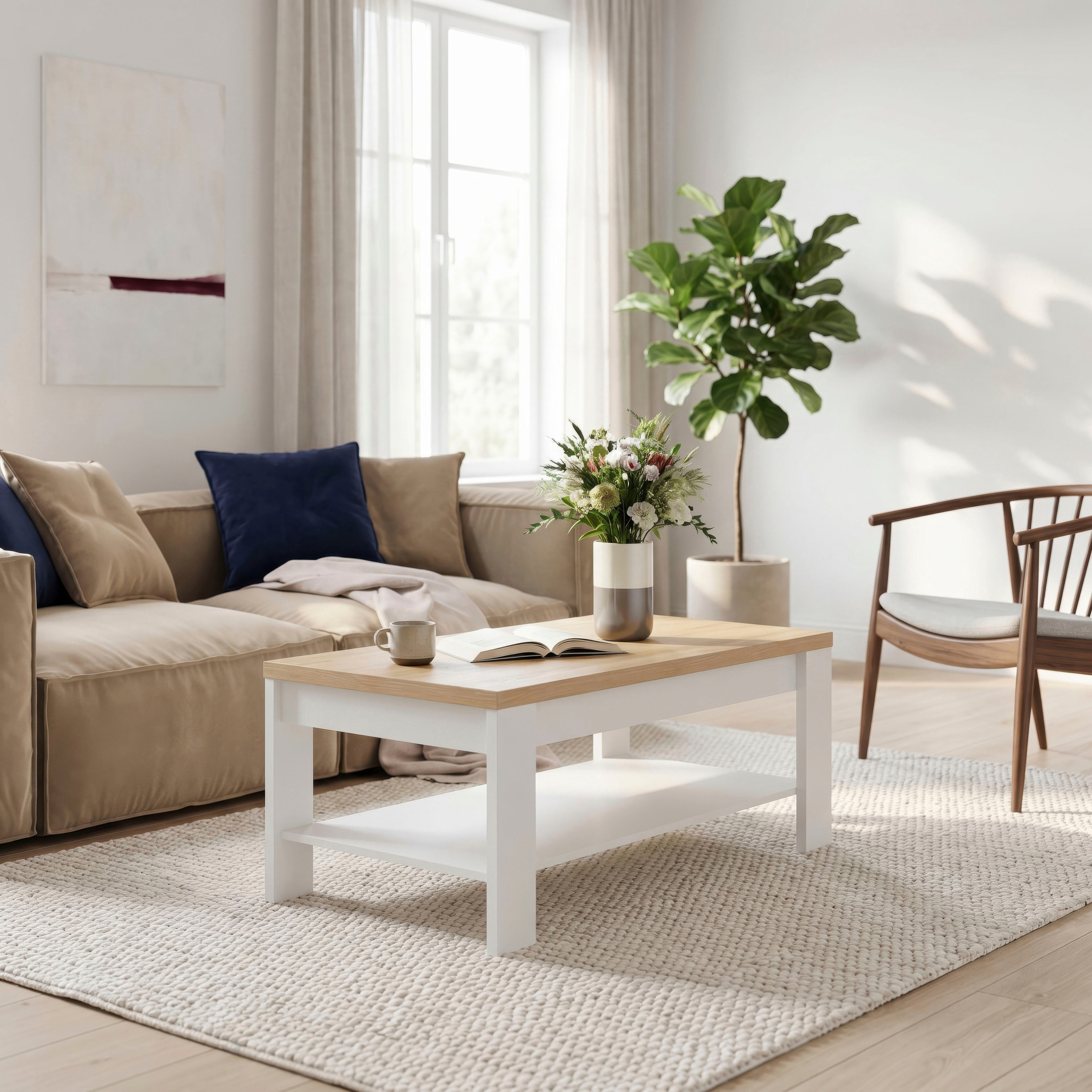 Couchtisch FORTE "Coffee Table, Ablagefäche, zweifarbiges Dekor", weiss (weiß, weiß glanz, wildeiche, weiß, wildeiche), B:100cm H:45,7cm T:60cm, Tische, Couchtisch, B/H/T 100/45,7/60 cm Ablageboden weiß, weiß glanz, wildeiche, weiß, wildeiche B/H/T: 100cm