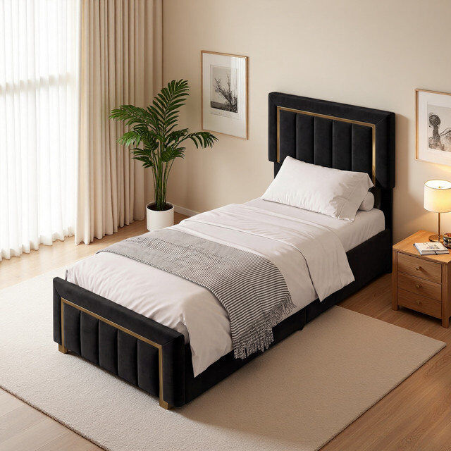 Canora Grey Velvet Upholstered Storage Bed Frame Black Double (4'6)