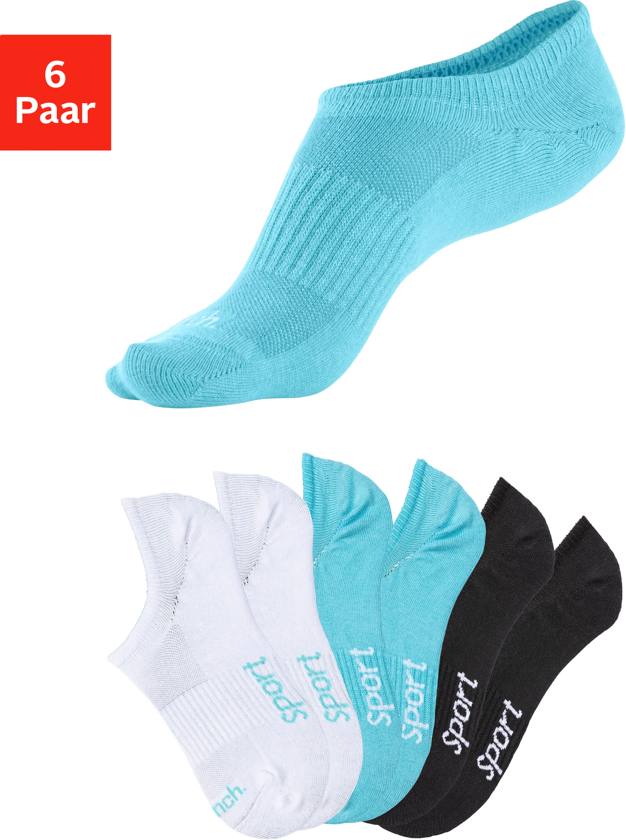 Sneakersocken BENCH., Damen, Gr. 35-38, bunt (2x türkis, 2x weiß, 2x schwarz), Baumwollmischung, unifarben, elastisch, Socken Sneakersocken, nicht sichtbar in Sneakern