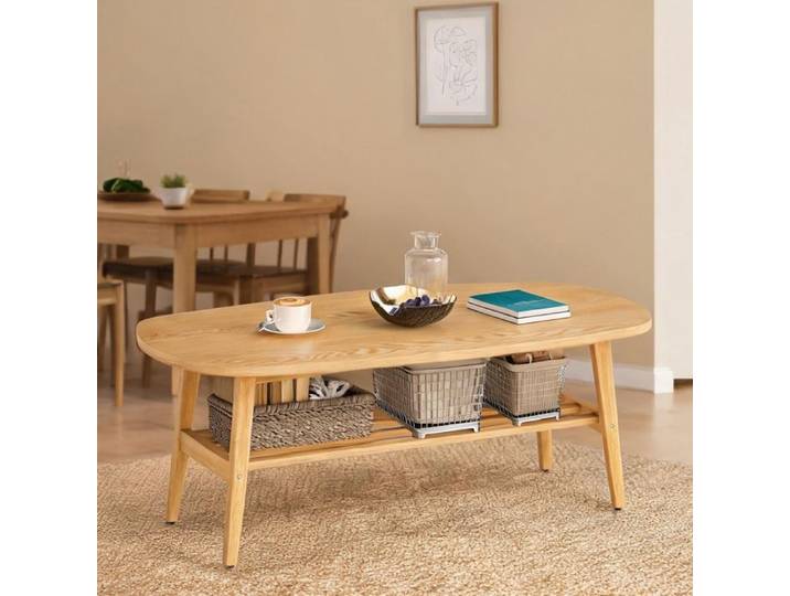 Table basse ovale en bois d'hévéa et panneau multicouche finition naturelle avec - Finition bois naturel Panneau multicouche